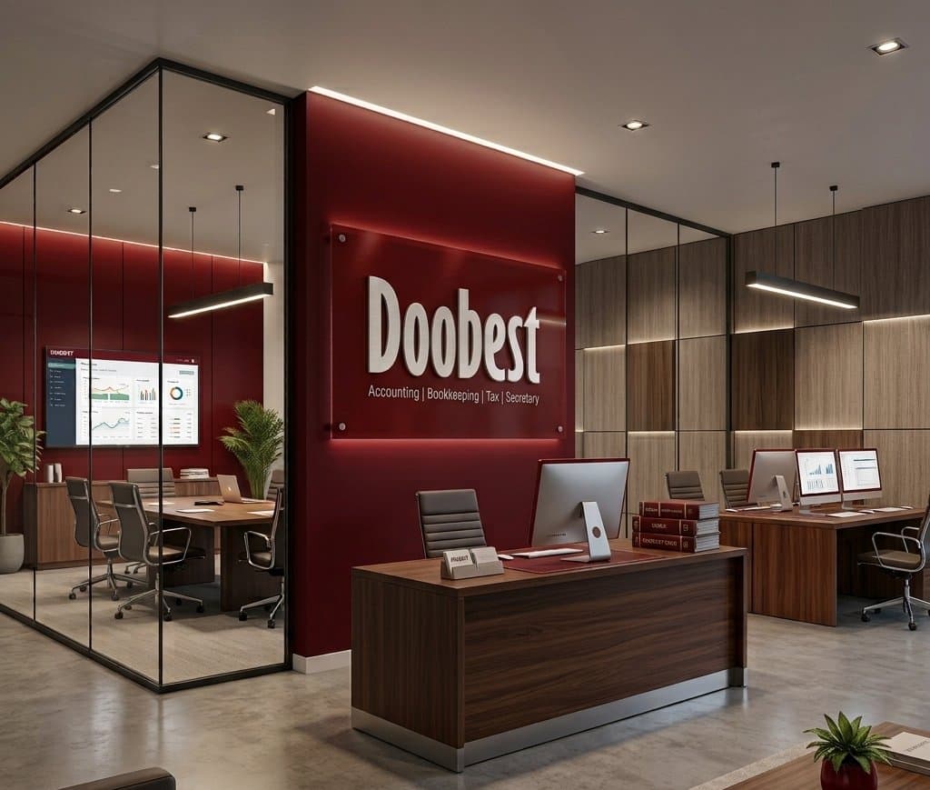 Doobest Consultancy reception desk with branded marble wall signage