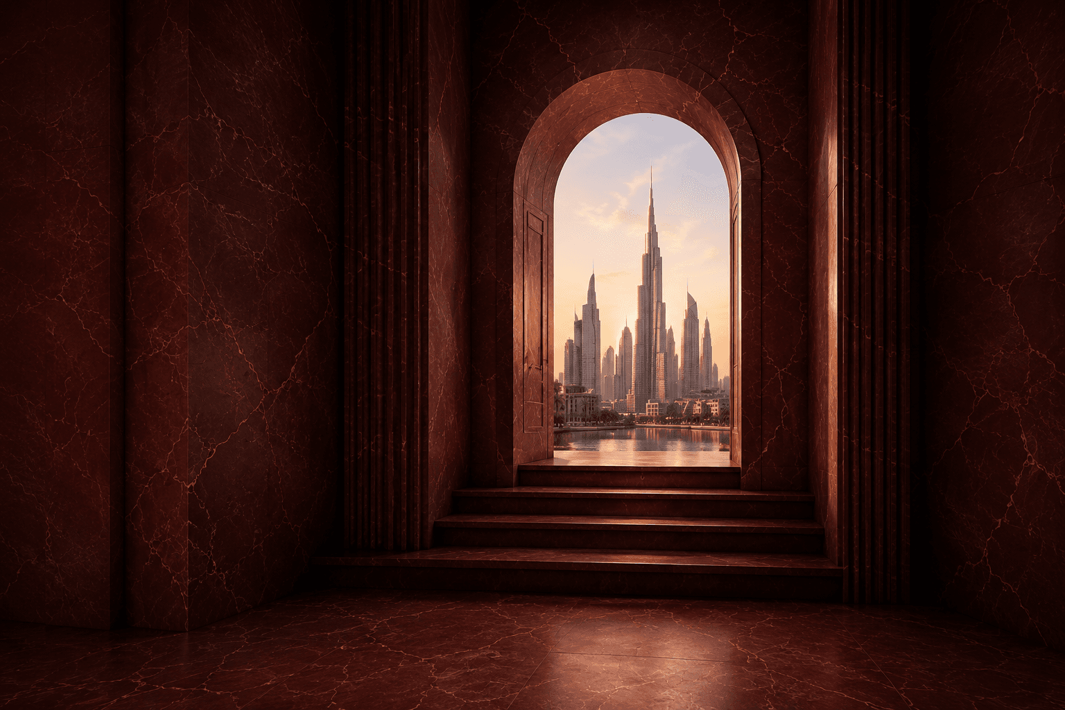 Marble archway with staircase opening onto a sunset Dubai skyline